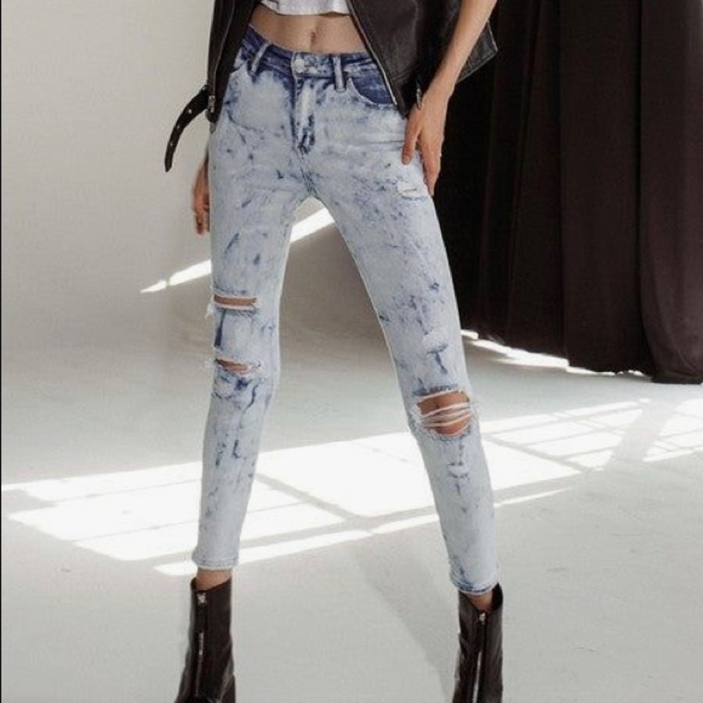 Express super high rise skinny stretch acid wash jeans